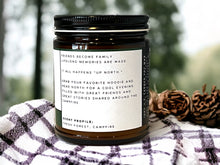 Load image into Gallery viewer, Up North soy candle label. Fresh forest and campfire scented candle.